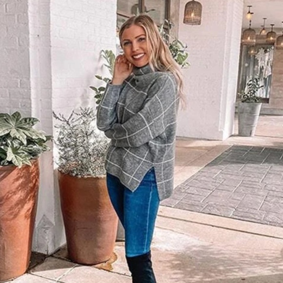 Grey Grid Printed Long Sweater Plaid Pattern Split Sides Pullover Turtleneck - Picture 13 of 16